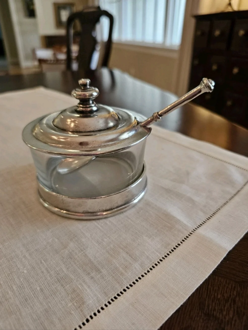 Valpeltro Artale Pewter & Glass Jam Pot with Lid Spoon Made Italy Vintage Rare